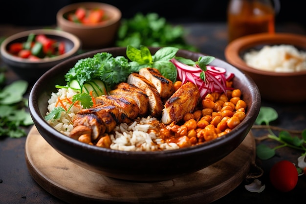 Nährliche Buddha-Schüssel mit gegrilltem Hühnchen und frischem Avocado