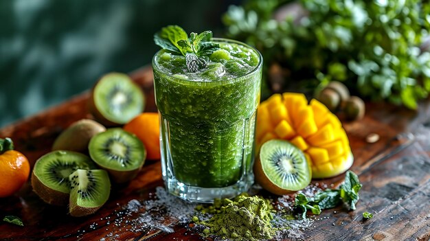 Nährreicher grüner Smoothie Kiwi Mango Minze Frische Zutaten