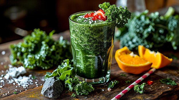 Nährreicher Kale-Smoothie mit frischen Erdbeeren in rustikaler Umgebung