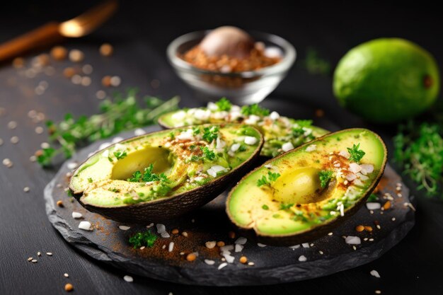 Foto nährreiches avocado-frühstück mit geschnittenem avocado und gewürzen