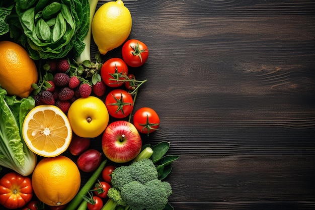 Nährstoffreiche, gesunde Lebensmittel, frisches Gemüse und Obst auf Eschenholzhintergrund, erstellt mit Generati