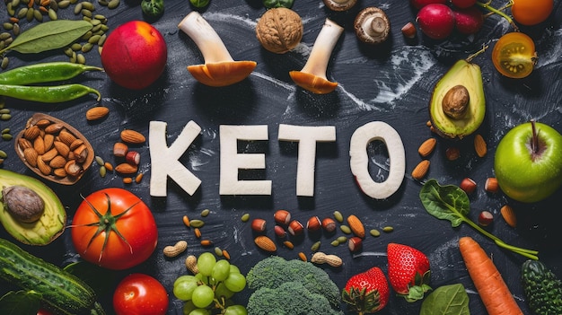 Nährstoffreiches, ketonfreundliches Sortiment, kohlenhydratarme Gemüse, Obst, Grün und Nüsse, gestapelt mit Keto-Text, der gesunde Entscheidungen für ketogene Diäten fördert