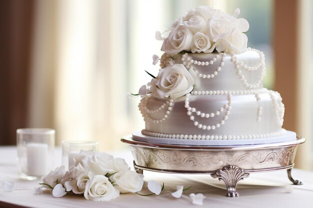 Nahauf der Hochzeitskuche mit rosa Blumen von hoher Qualität