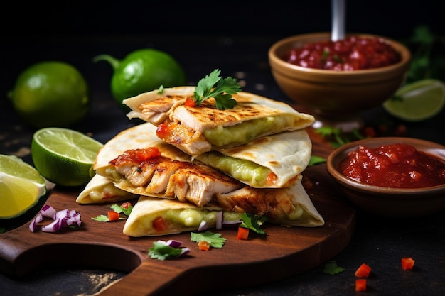 Foto nahaufgebackene hühner- und käse-quesadillas, serviert mit salsa und guacamole auf einer steinplatte