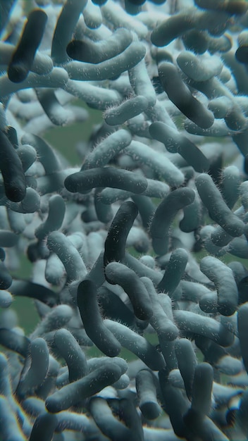 Foto nahaufnahme 3d-renderansicht schädlicher grauer bakterien, die sich bewegen