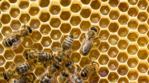 Nahaufnahme auf Bienen, die auf einer Wabe schwärmen