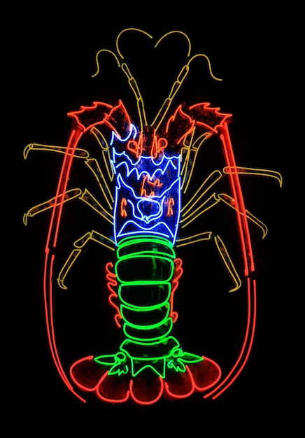 Nahaufnahme auf einem Neonlicht, das in einen Hummer geformt wird