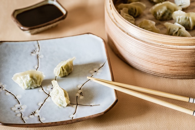 Nahaufnahme auf gekochtem Gyoza-Knödelsnack