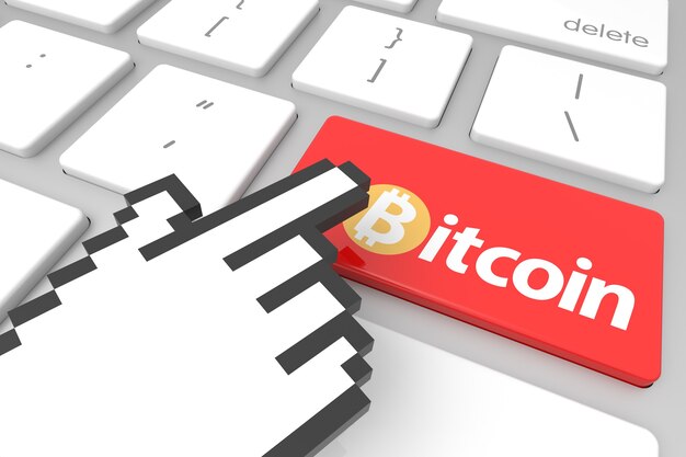 Nahaufnahme auf konzeptionelle Bitcoin-Computertaste mit Handcursor. 3D-Rendering