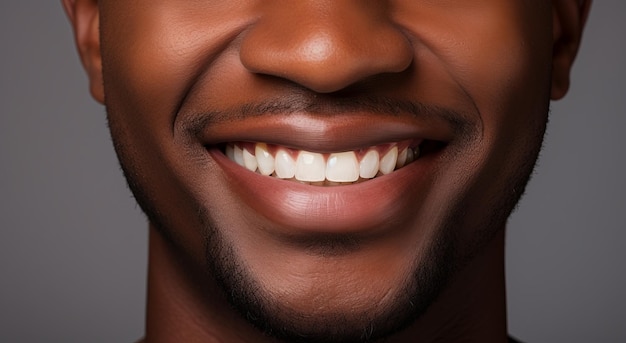Nahaufnahme aus dem Studio, ein afrikanischer Typ, der mit dem Finger auf ein weißes, glänzendes, zähniges Lächeln zeigt.