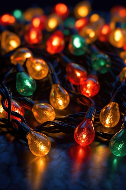Nahaufnahme beleuchteter Weihnachtsglühbirnen, die mit generativer KI erstellt wurden