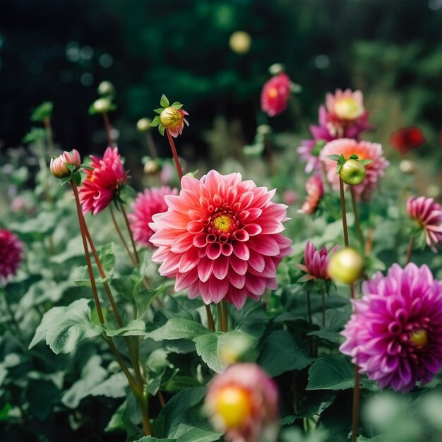 Nahaufnahme blühender Dahlienblüten im Grünen