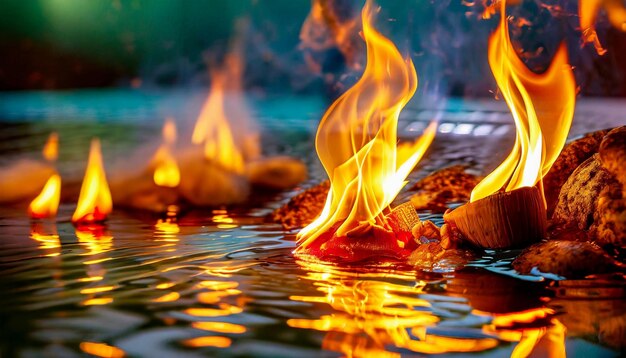 Nahaufnahme brennender Feuerflammen auf dem Wasser, Gefahr für die Natur