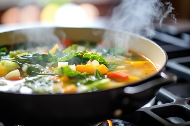 Nahaufnahme dampfender, bunter Minestrone-Gemüse schwimmend