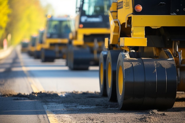 Foto nahaufnahme der baustelle gelbe rollen kompaktieren schwarzen asphalt, der die landstraße verwandelt