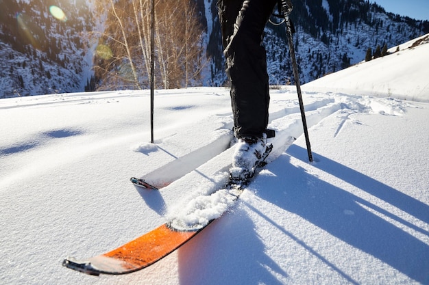 Nahaufnahme der Beine des Skifahrers