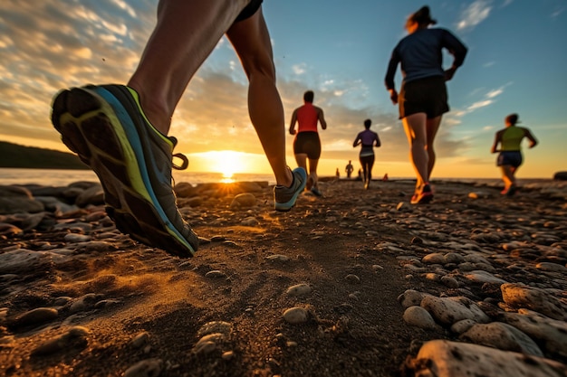 Nahaufnahme der Beine einer Läufergruppe, die auf dem Küstenweg bei Sonnenaufgang läuft
