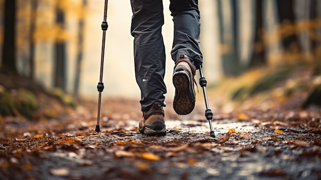 Nahaufnahme der Beine einer Person in Wanderschuhen, die mit einem Wanderstock im Wald spaziert