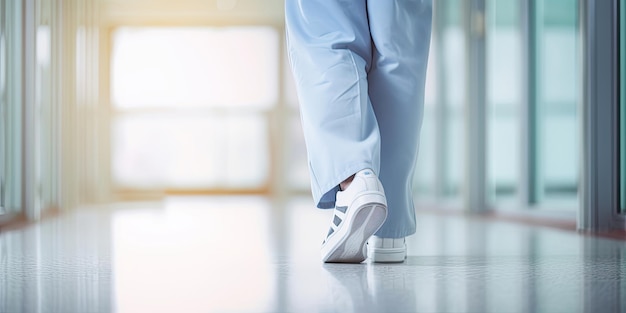 Nahaufnahme der Beine eines Arztes, der in einen Krankenhauskorridor geht Generative KI