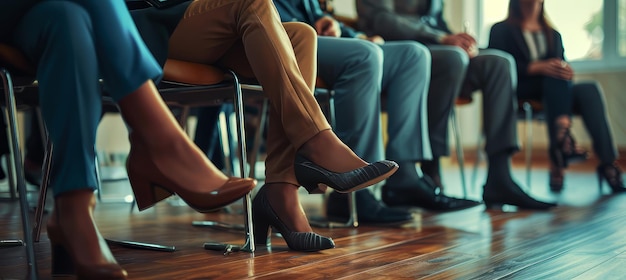 Nahaufnahme der Beine von Geschäftsleuten, die auf ein Vorstellungsgespräch warten, Einstellung und Rekrutierungskonzept