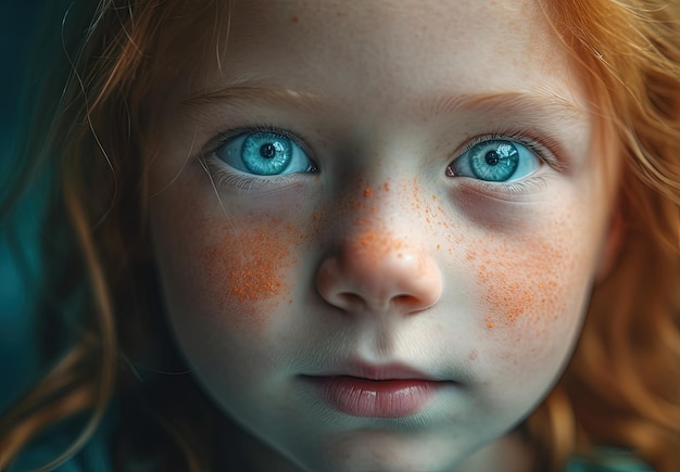 Nahaufnahme der blauen Augen eines jungen Mädchens im himmelblauen und smaragdgrünen Stil