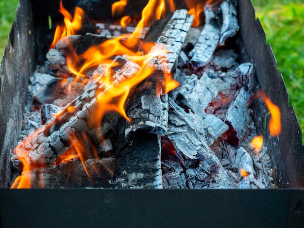 Nahaufnahme der brennenden Scheite von Brennholz im Grill. Hintergrund eines brennenden Baumes