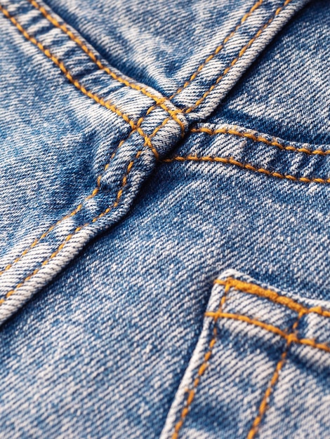 Nahaufnahme der Denim-Taschennähte Elemente der Denim-Kleidung Jeans-Hintergrund zum Nähen Natürliche, strapazierfähige Denim-Stoffe