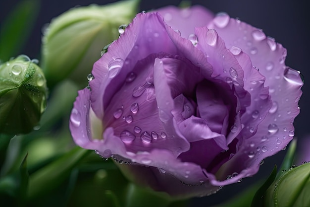 Nahaufnahme der Eustoma-Blüte mit Tautropfen, umgeben von zartem Blattwerk