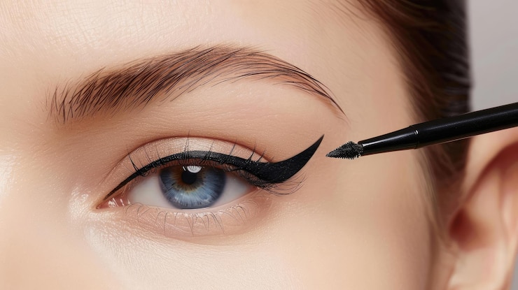 Foto nahaufnahme der eyeliner-anwendung auf ein modell auge mit schwerpunkt auf präzision schönheits-make-up-kosmetik und augen-makeup-technik