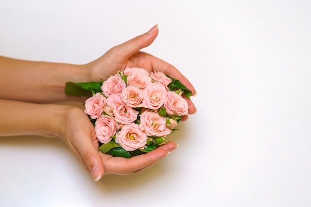 Nahaufnahme der Frau Floristen Hand machen Blumenstrauß aus rosa Rosen auf einem hellen Tisch schöner süßer Blumenstrauß ...