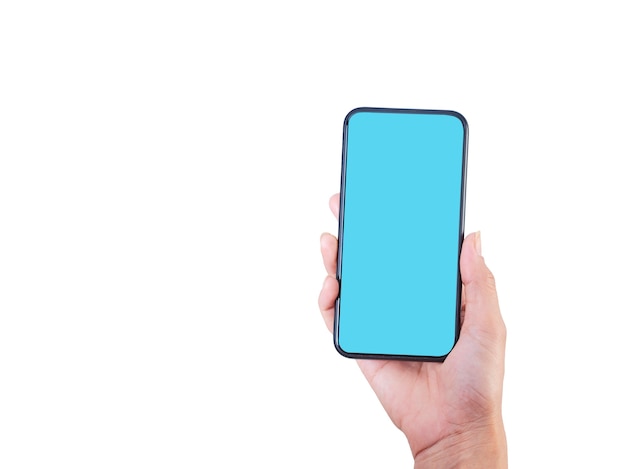 Nahaufnahme der Frauenhand, die Smartphone mit leerem Bildschirm, Modell auf weißem Hintergrund hält