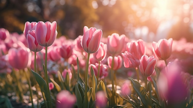 Nahaufnahme der Frühlingsnaturlandschaft Farbige rosa Tulpen blühen