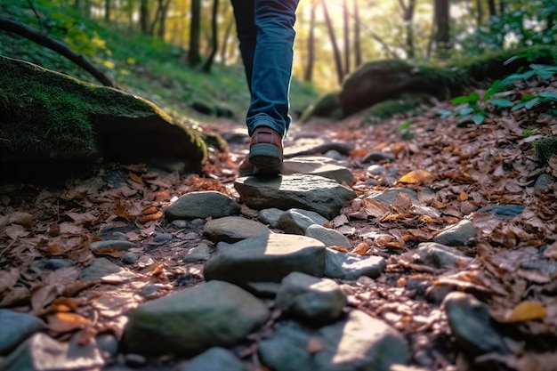 Nahaufnahme der Füße einer Person, die auf Felsen läuft und auf einem Pfad im Wald spaziert. Reisekonzept AI Generative