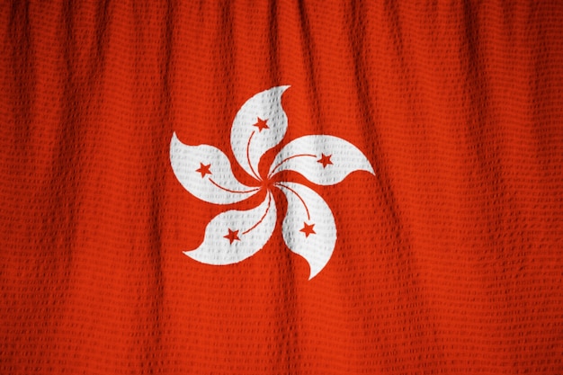 Nahaufnahme der gekräuselten Hong Kong-Flagge, Hong Kong Flag Blowing im Wind