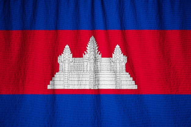 Nahaufnahme der gekräuselten Kambodscha-Flagge, Kambodscha-Flagge, die im Wind durchbrennt