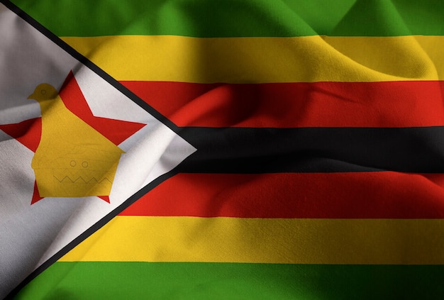 Nahaufnahme der gekräuselten Simbabwe-Flagge, Simbabwe-Flagge, die im Wind durchbrennt