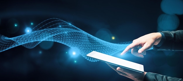 Foto nahaufnahme der geschäftsmannhand, die auf tablet auf abstraktem, leuchtend blauem tech-hintergrund zeigt innovations- und technologiekonzept doppelbelichtung