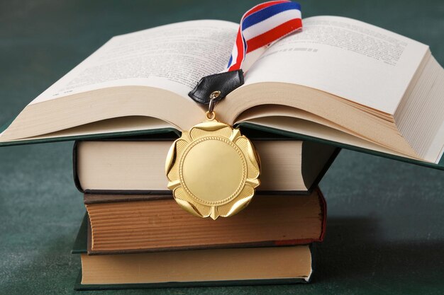 Foto nahaufnahme der goldmedaille auf büchern