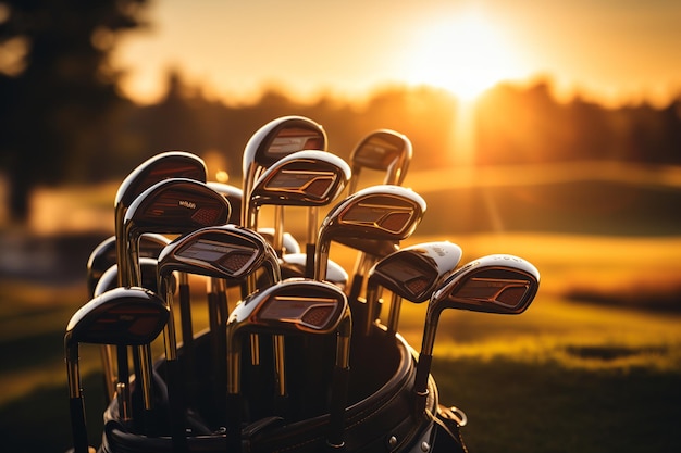 Nahaufnahme der Golfausrüstung auf dem sonnendurchfluteten Fairway