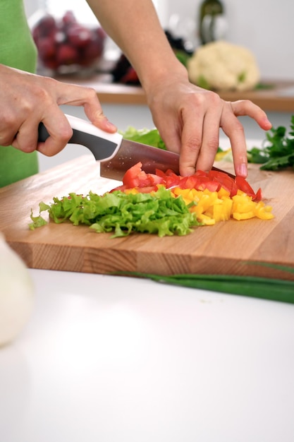 Nahaufnahme der Hände der Frau, die in der Küche kochen Hausfrau, die frischen Salat schneidet Vegetarisches und gesundes Kochkonzept