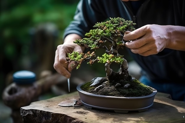 Nahaufnahme der Hände des Meisters, der den Bonsai-Baum mit einer Schere beschneidet Japanische Pflanze und Kultur Feine Langzeitarbeit