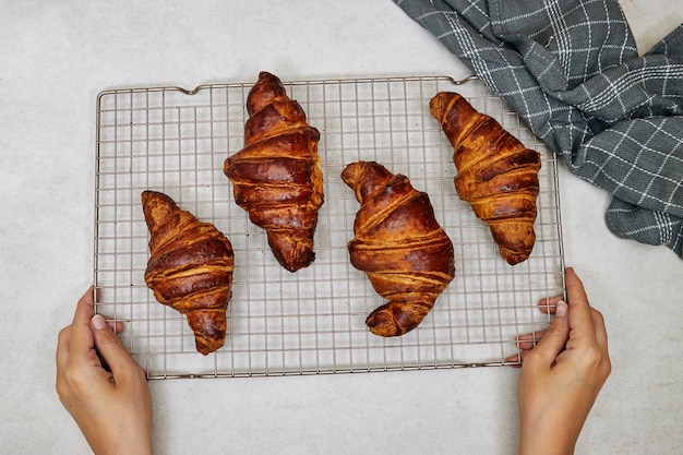 Nahaufnahme der Hände, die einen Grill mit frischen Croissants halten