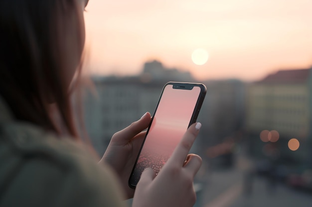 Nahaufnahme der Hände einer Frau, die ein Smartphone hält und eine Textnachricht tippt, mit einem verschwommenen Stadtbild im Hintergrund. Generative KI