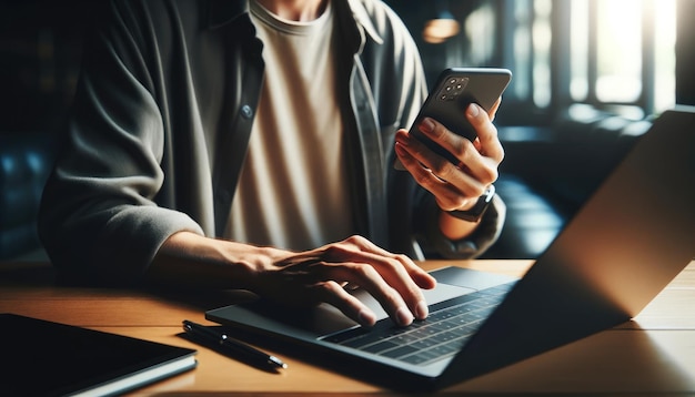 Nahaufnahme der Hände einer Person, die ein Smartphone benutzt, während sie auf einem Laptop schreibt, was moderne Multitasking und Konnektivität veranschaulicht