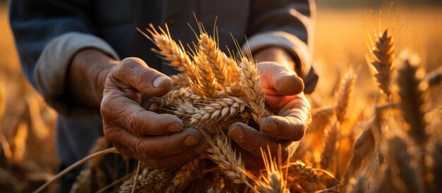 Nahaufnahme der Hände eines älteren Bauern, der bei Sonnenuntergang Weizenähren auf dem Feld hält