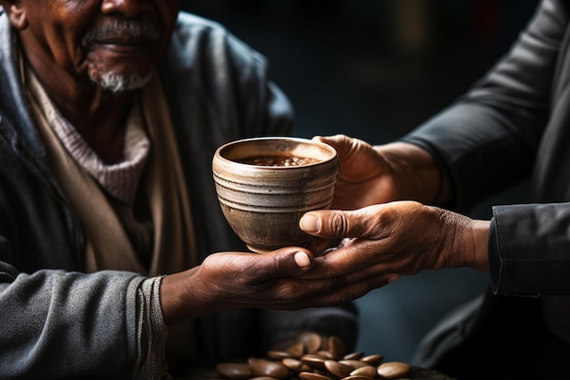 Nahaufnahme der Hände eines älteren Paares, das eine Tasse Kaffee hält