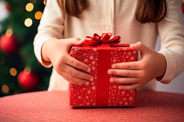 Nahaufnahme der Hände eines Mädchens, das am Weihnachtsmorgen ein Geschenk hält