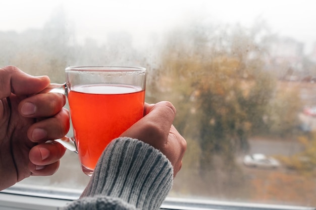 Nahaufnahme der Hände eines Mannes, der eine Tasse Tee am Fenster hält