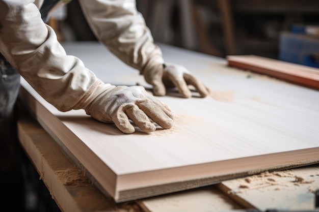 Nahaufnahme der Hände eines Tischlers mit Handschuhen, der in der Werkstatt MDF-Platten schneidet