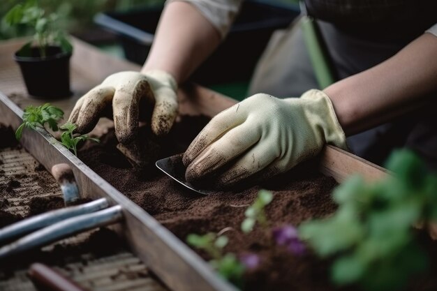 Nahaufnahme der Hände wachsender Pflanzen und der Natur mithilfe von Werkzeugen im Freien, die mit generativer KI erstellt wurden